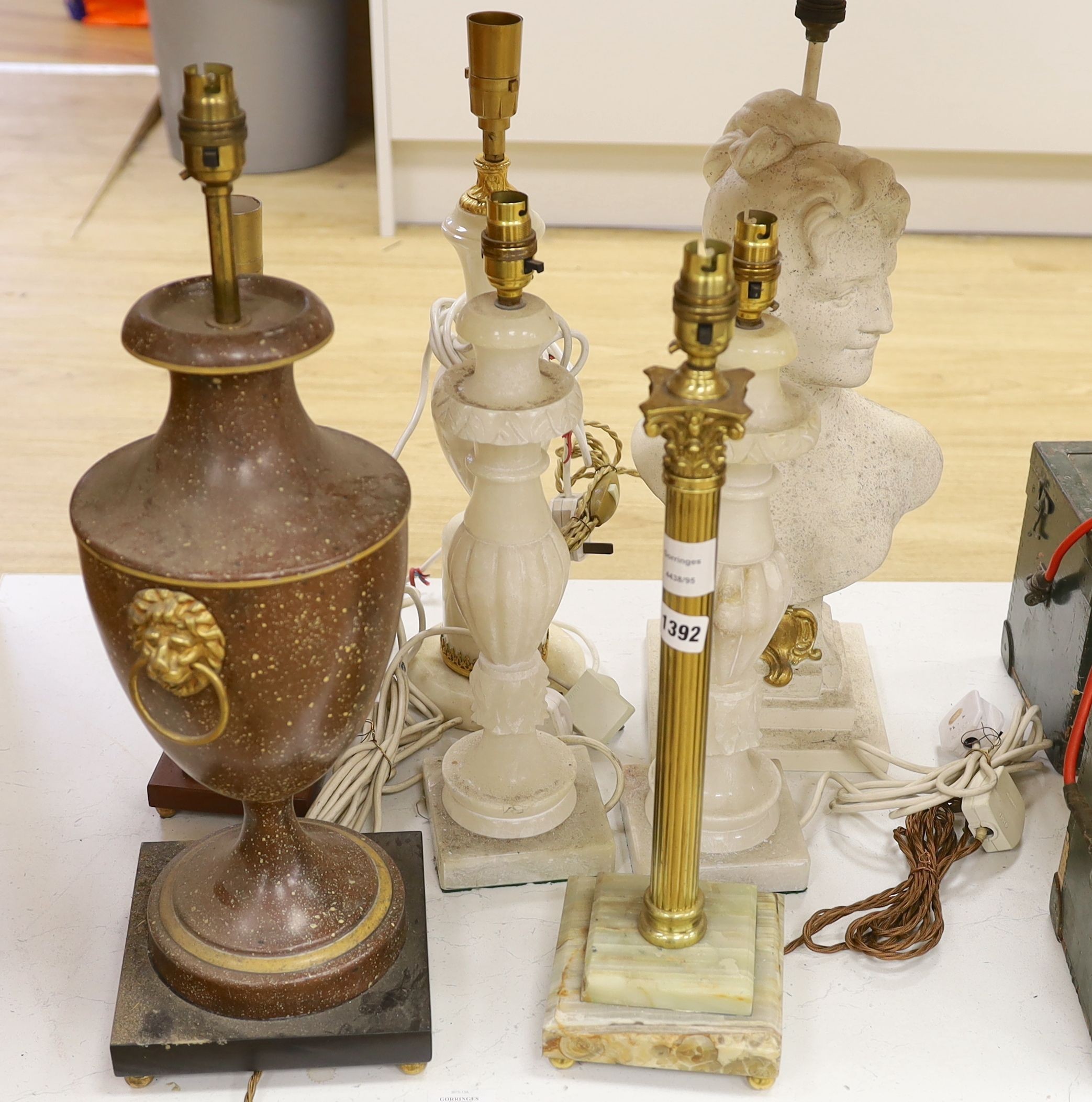 A selection of assorted table lamps including a sphinx-ed base and other decorative bases